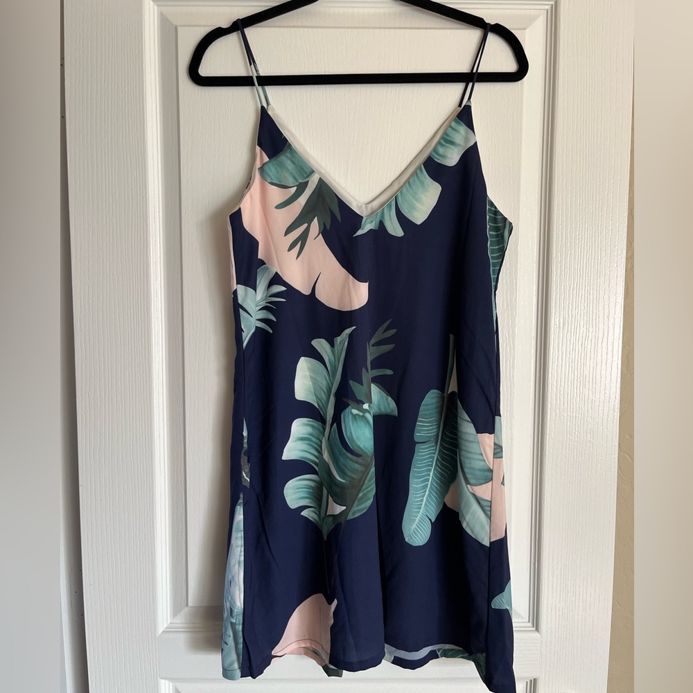 Palm Leaf Print Double V Neck Slip Dress - Small